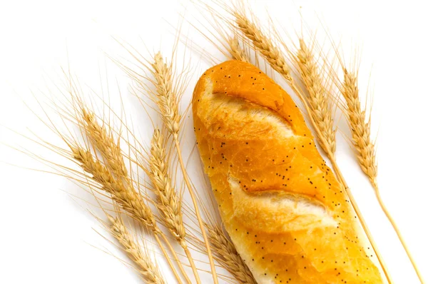 Närbild av bröd och vete öron — 图库照片