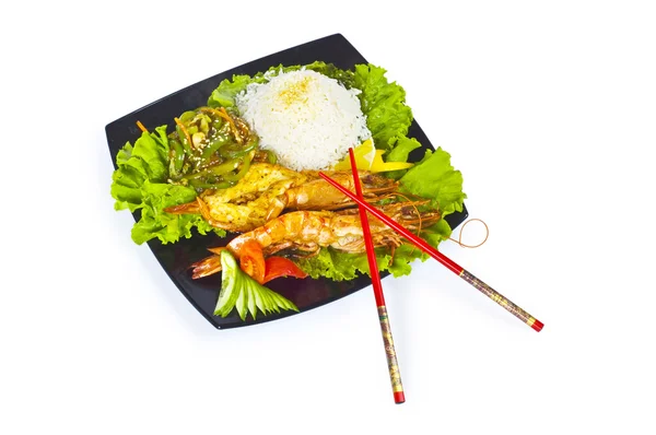 Langosta a la parrilla, arroz y verduras — Foto de Stock