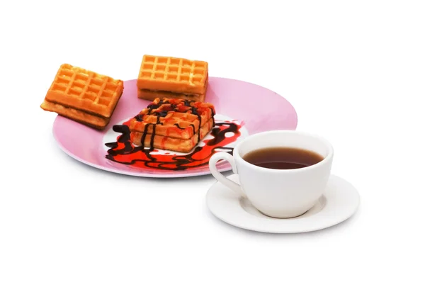 Tea and belgian waffles isolated — Stock Photo, Image