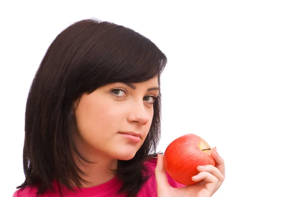 Κορίτσι με το κόκκινο μήλο που απομονώνονται σε λευκό — Φωτογραφία Αρχείου