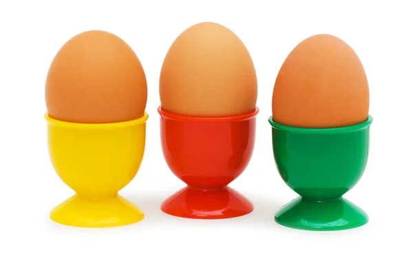 Brązowe jaja w uchwytach na białym tle — Zdjęcie stockowe