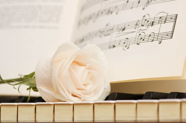 Romantic concept - rose on piano — Zdjęcie stockowe