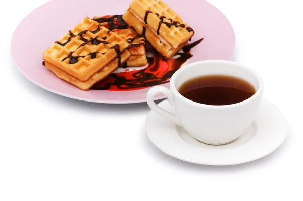 Tea and belgian waffles — Stock Photo, Image