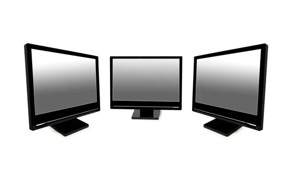 Drie zwarte LCD-monitoren geïsoleerd — Stockfoto