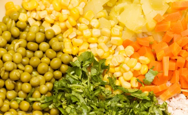 Close up of salad with corn, carrots — Stock Photo, Image