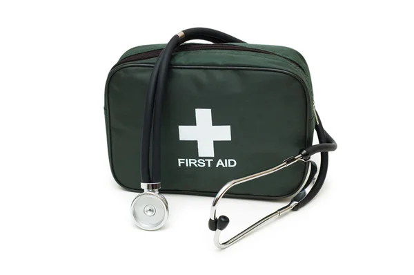 First aid kit and stethoscope — Stock Photo, Image
