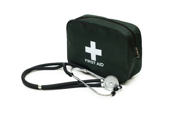 First aid kit and stethoscope isolated — Stock Photo, Image