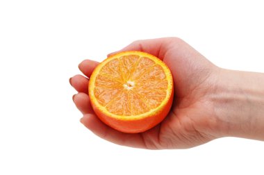 Hand holding half cut orange isolated clipart