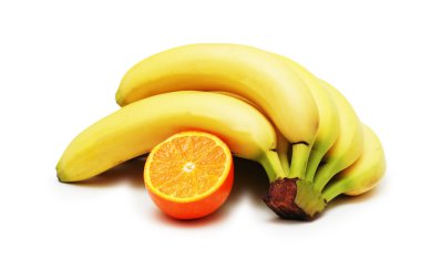 Bunch of bananas and orange isolated clipart