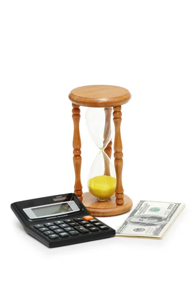 Tempo é dinheiro - calculadora, ampulheta — Fotografia de Stock