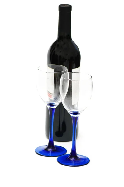 Due bicchieri e bottiglia di vino — Foto Stock