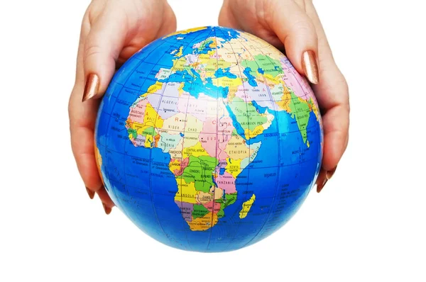 Twee handen met een globe geïsoleerd op wh — Stockfoto