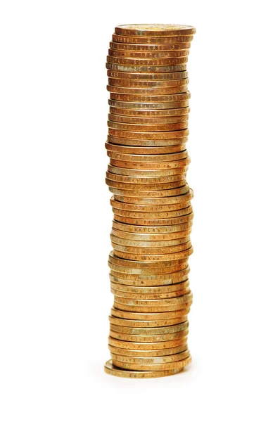 Alta pilha de moedas isoladas em branco — Fotografia de Stock