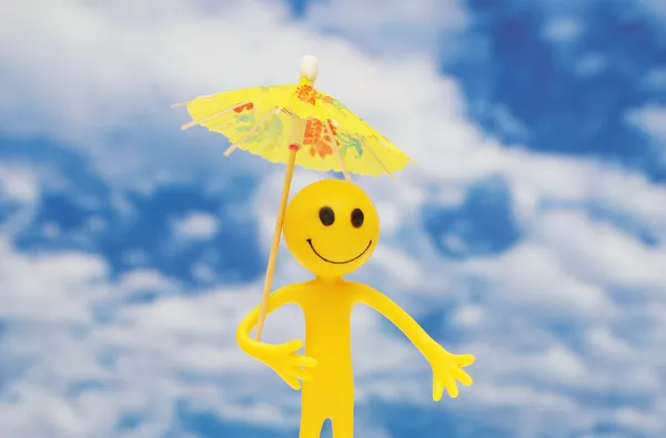 Smilie with yellow parasol enjoying sun — Stock Photo, Image