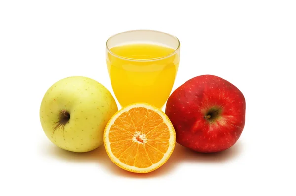 Orange juice, orange and two apples — Stock Photo, Image