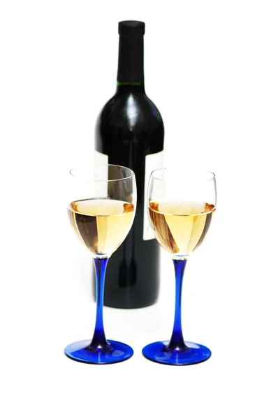 Two glasses of wine and bottle — Stock Photo, Image