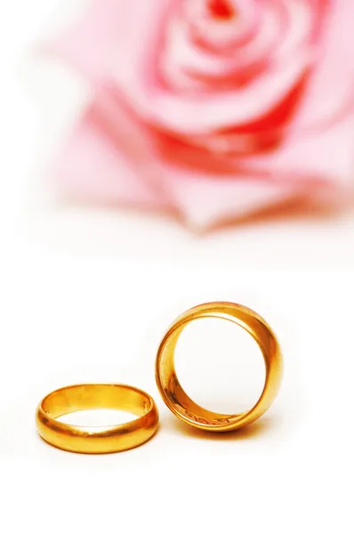 Dwa złote, obrączki ślubne i róża — Zdjęcie stockowe