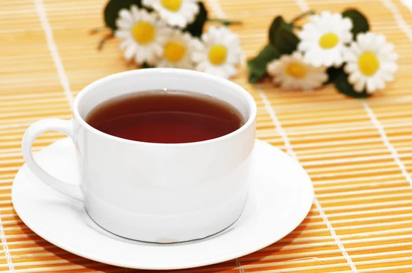 Cup of black tea and camomiles — Stock Photo, Image