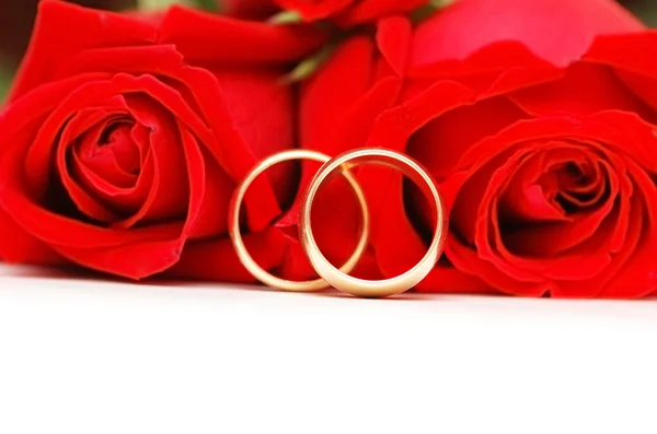 Два обручальных кольца и красные розы — стоковое фото