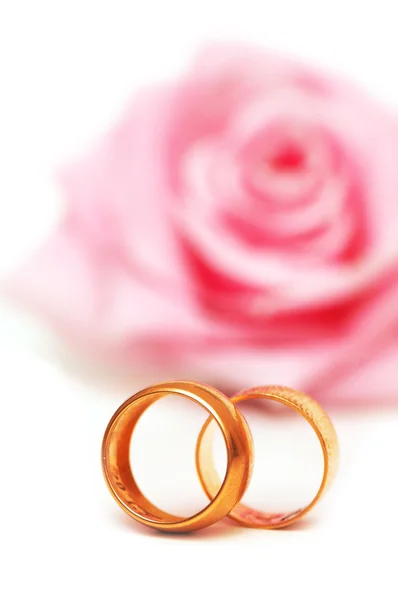 2 つの結婚指輪、ピンクのバラ ストック写真