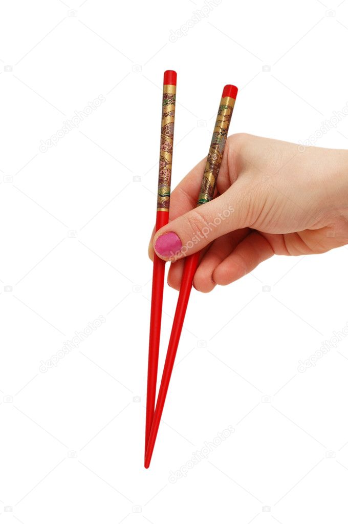 Hand holding chopsticks isolated