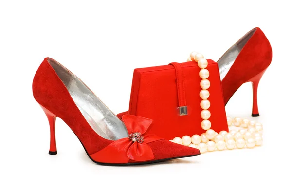 stock image Red shoes, purse and pearl necklace