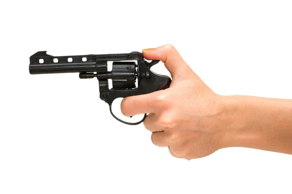Hand holding revolver geïsoleerd — Stockfoto