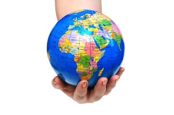 Hand holding globe isolated — Stock Photo, Image
