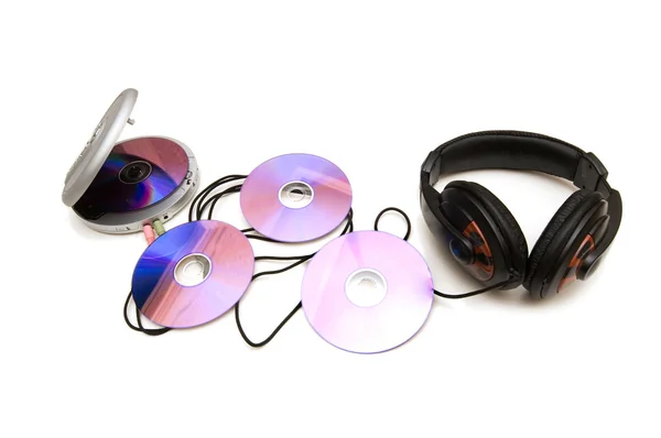 磁盘、 cd 播放机和耳机 — 图库照片