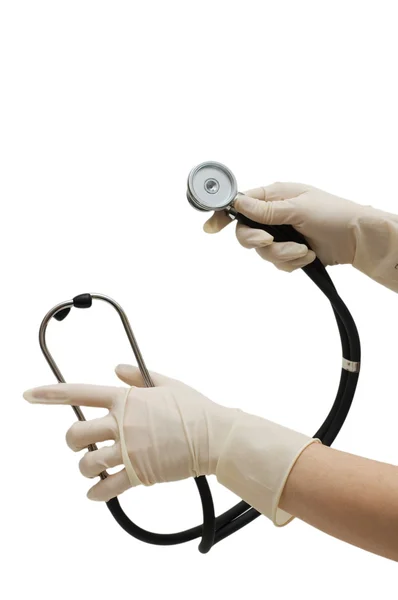 Przytrzymanie stetoskop na białym tle ręce — Zdjęcie stockowe