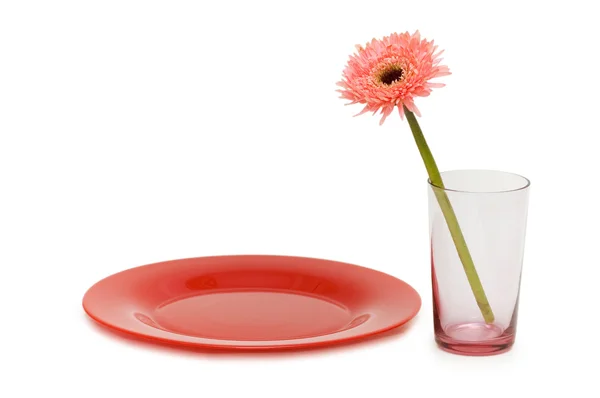 Квітка і червона тарілка ізольовані — стокове фото