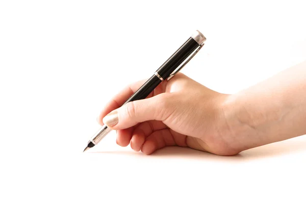 Mão segurando caneta isolada no branco — Fotografia de Stock