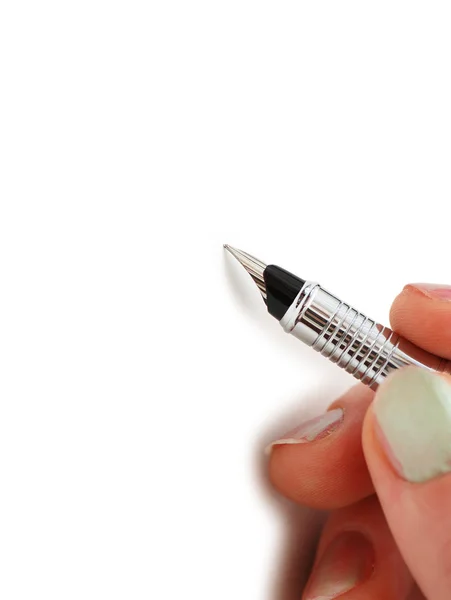 Hand hält Stift isoliert auf weiß — Stockfoto
