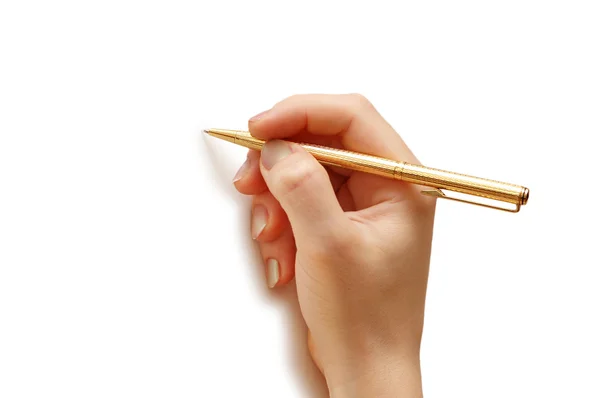 Hand hält Stift isoliert auf weiß — Stockfoto