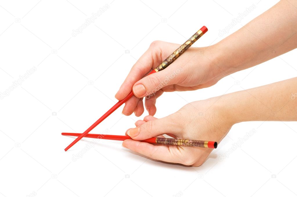 Hand holding chopsticks isolated