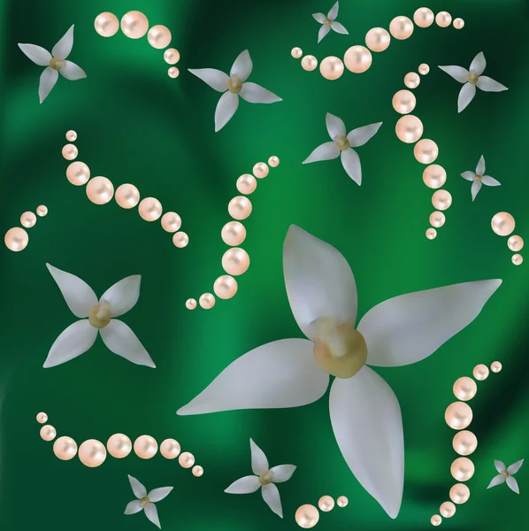 Flores y perlas en el verde — Vector de stock