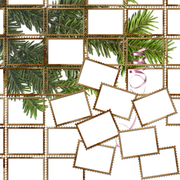Cartaz com selos e árvore de Natal — Fotografia de Stock