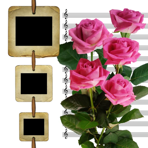 Diapositivas viejas para la foto con las rosas del ramo — Foto de Stock
