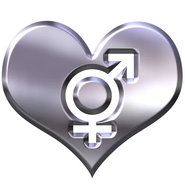 3d silver heart with gender signs — Stock Photo, Image