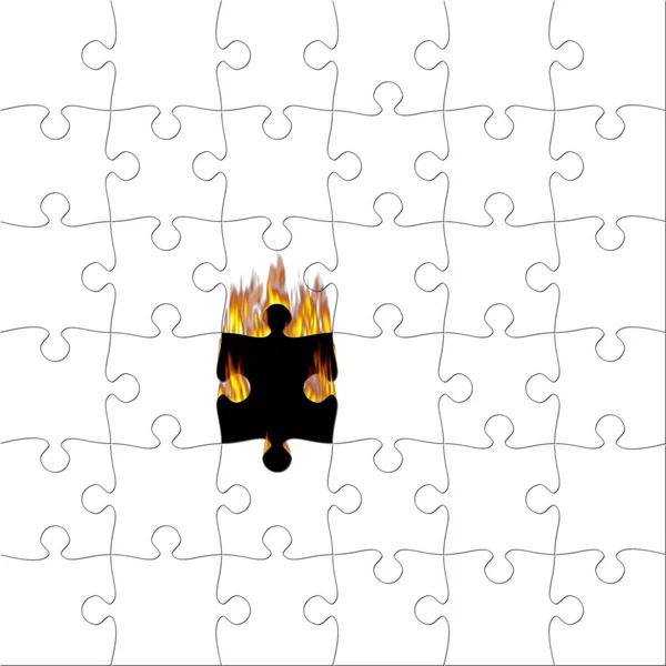 Puzzle avec pièce sur le feu — Photo