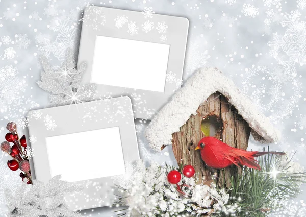 Kerstkaart met bullfinches — Stockfoto