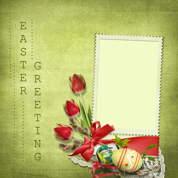 Tarjeta de felicitación de Pascua con tulipanes — Foto de Stock