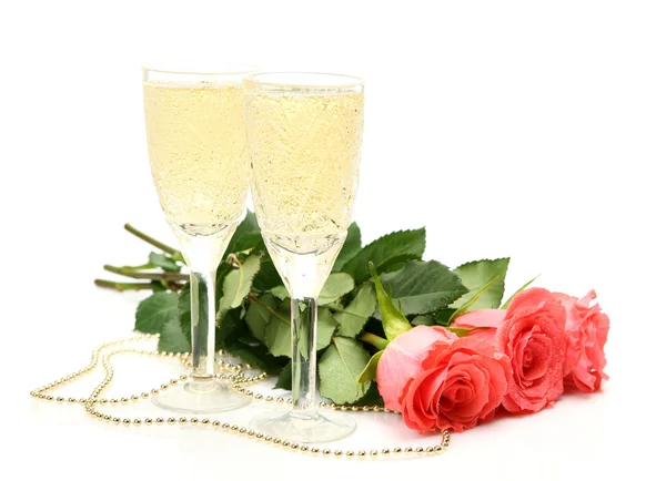 Růžové růže a champagne — Stock fotografie