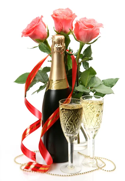 粉红玫瑰和香槟 — 图库照片