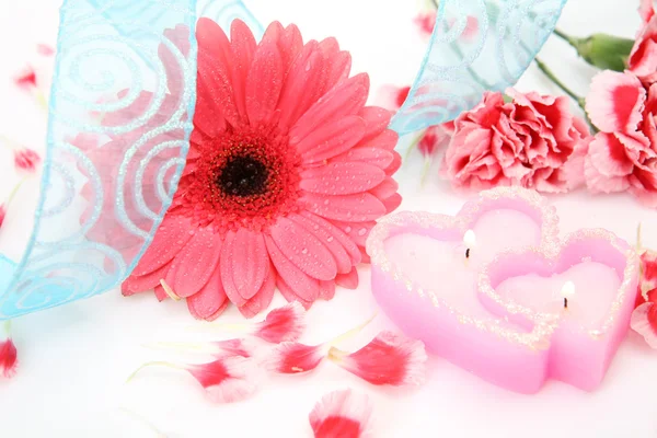 Roze bloem en kaars — Stockfoto