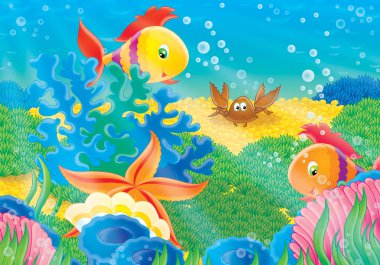 Coral fishes, starfish, shell and crab clipart