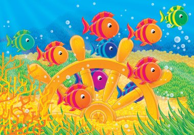 Shoal of colorful fishes and steering wh clipart