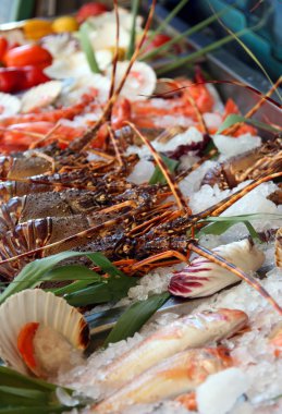 Fresh seafoods lay on an ice clipart