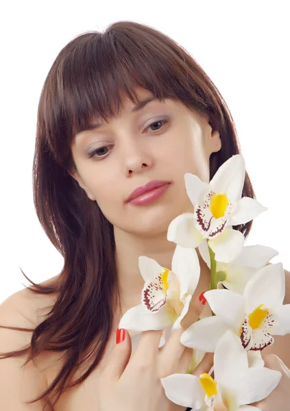Portret mooie vrouw met bloem is — Stockfoto