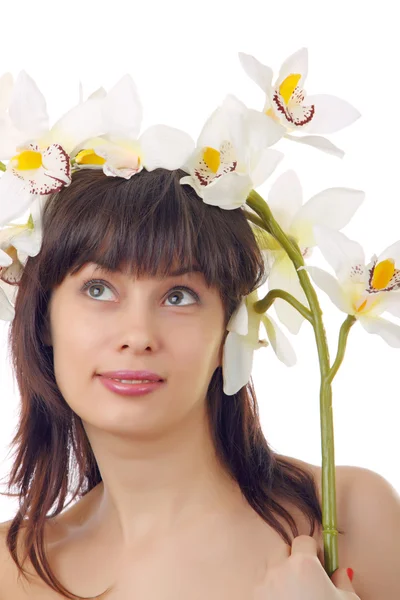Portret mooie vrouw met bloem — Stockfoto